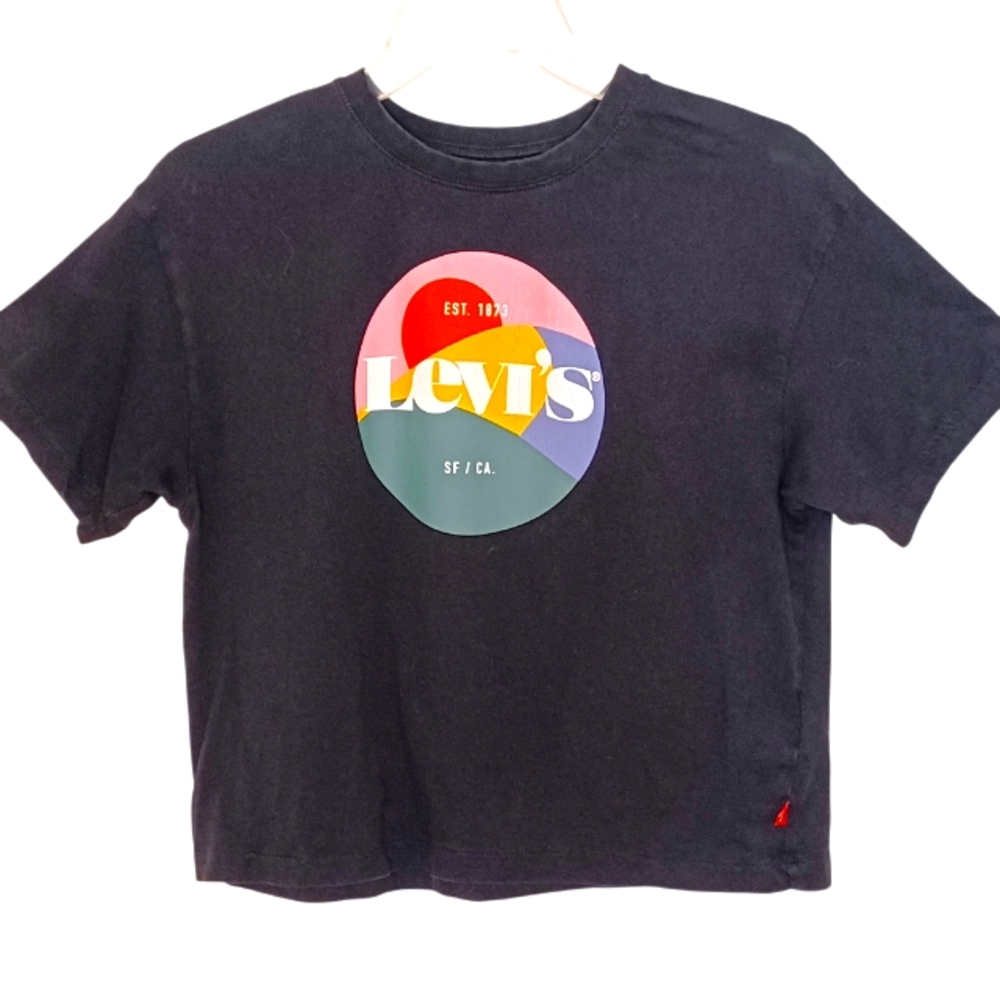 Levi's Girls Cropped Cotton Black Tee Shirt Multicolor Imprint Sz XL